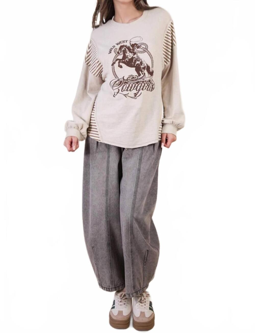 NEW VERY J wild west cowgirls western graphic knit top in taupe & beige